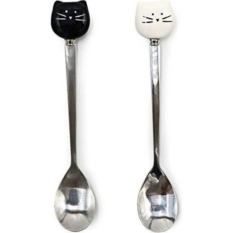 Ayomi Ensemble de jolies cuillères à café en acier inoxydable et céramique avec tête de chat, 2&