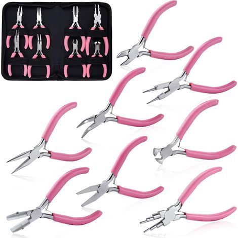 Lot de 8 pinces à bijoux - Outils de fabrication de bijoux - Mâchoire plate en nylon - Avec mâchoire lisse - Coupe longue et courbée - Rond - 6 en 1 - Pince d'emballage de fil pour perles (1/5)