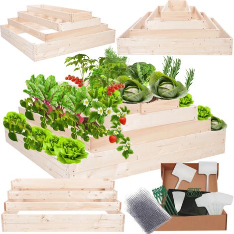 MODO24 ZP09 Carré potager surélevé en escalier modulable, bois de pin, herbes/légumes, jardin/terrasse/balcon, 45x117x120 cm, naturel