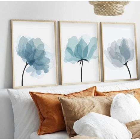Tableau floral aquarelle bleu pastel – lot de 3 (1/3)