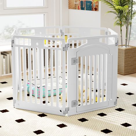 Barrière Pliable 6 Panneaux Parc pour Chien Enceinte Pliable et Portable avec Porte Sécurisée et Piquets de Sol Blanc (1/3)