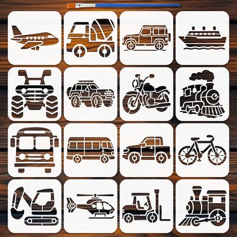 16 Styles Pochoirs Motifs Moyens de Transport Avec 1 Pinceau 15x15cm Pochoir Silhouettes Voitures Avions Bateaux Pochoirs Trains Motos Template Pet pour Bois Carrelage Mur Tissu (1/5)