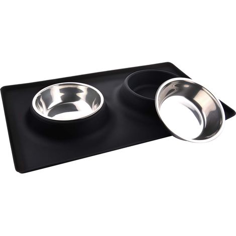 Cat and Dog Bowl 2 x 400ml Stainless Steel Bowl Non-Slip Base Anti-Overflow and Anti-Spill Silicone Mat Black Square M