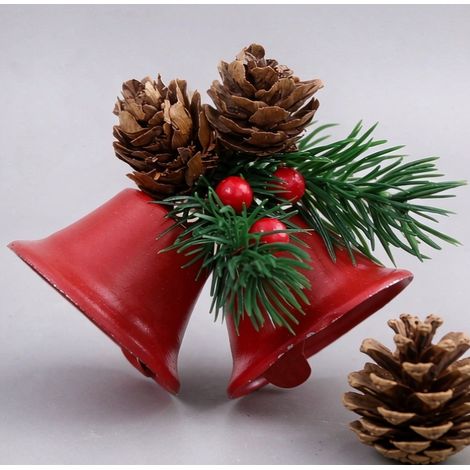 Cloches de Noël suspendues rouges doubles avec pommes de pin et baies (1/3)