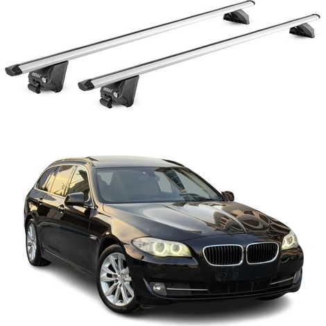 OMAC Barres de toit aluminium certifiées TÜV pour BMW Série 5 Break F11 G31 2010-2023 – Pour rails de toit intégrés – Rainure en T – Charge max 100 kg – 2 antivols Argent (1/5)