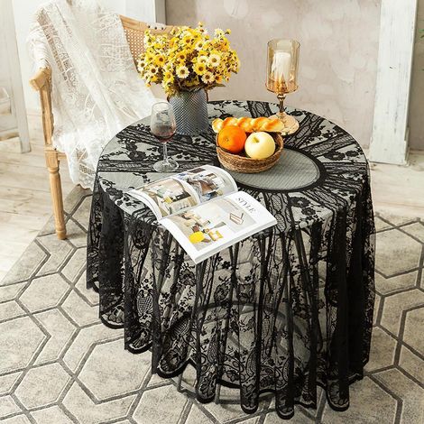 Runde Spitzendeckchen 150cm Schwarz Vintage Floral für Hochzeit & Party