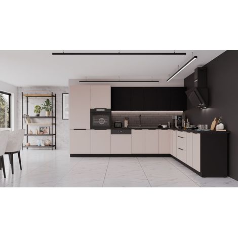 Winkelküche ARONA + SIENA 350x290 Küchenzeile Eckküche Küche Kaschmir + Schwarz (1/5)