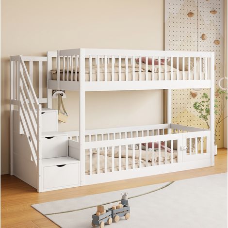 Litera 90/200 cm blanca de madera maciza con escalera con cajones y zona de juego (1/5)