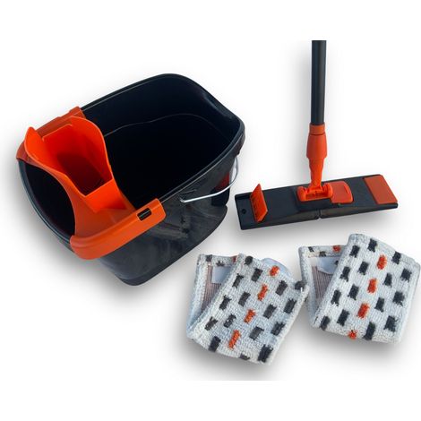 Kibros – Kit nettoyage balai serpillère avec seau essoreur – 2 recharges micro-fibres 100% polyester – Manche télescopique jusqu'à 1,50 m