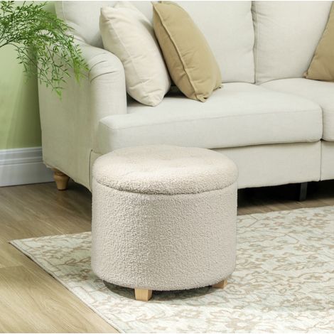 CHICFURN Puff baúl Ø45 x 41 cm de poliéster crema con tapa para salón y dormitorio (1/5)