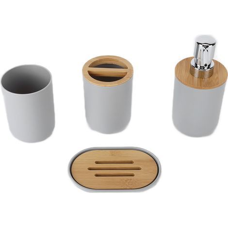 4-teiliges Badezimmer-Accessoire-Set aus Bambus, wasserdicht und langlebig, Zahnbürstenbecher für Zuhause und Hotel, Grau (1/5)