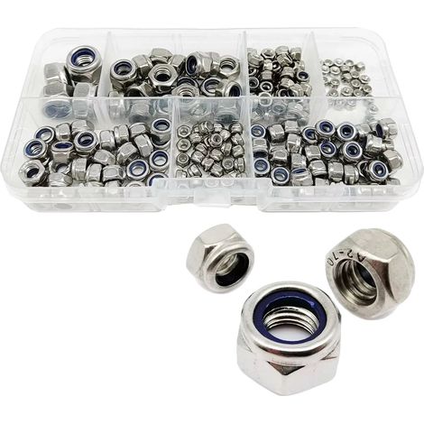 Kit surtido de tuercas de seguridad, inserto de nailon, acero al carbono, 7 tamaños, 200 piezas en total (1/2)