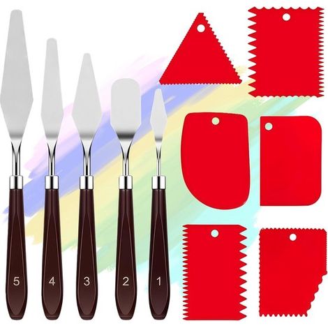 Set de spatules pour peinture, 11 pièces, 5 couteaux en acier inoxydable et 6 racloirs en plastique, pour peinture à l'huile, acrylique et toile, rouge (1/5)