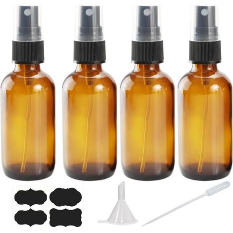 Bouteille de pulvérisation en verre ambré de 4 oz pour les huiles essentielles, petite bouteille de pulvérisation vide à brouillard fin, 4 packs avec entonnoir compte-gouttes (1/5)