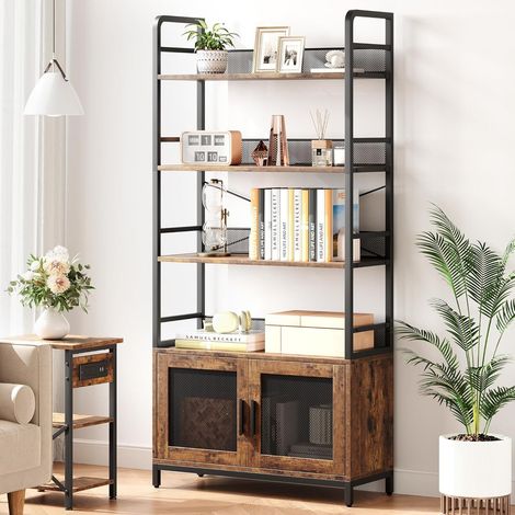 Étagère à 4 niveaux - Bibliothèque - Meuble de rangement - 180 x 80 x 30 cm - Placard avec portes - Grand - Cadre en acier - Pour salon, bureau, chambre - Style industriel - Marron rustique et noir (1/5)