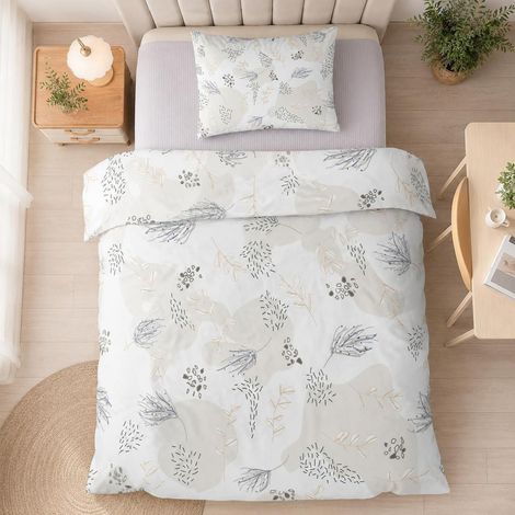 Kinder Bettwäsche Set 100x135 cm mit Reißverschluss, Mikrofaser, Beige Blätter Muster