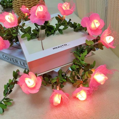 Guirlande de fleurs en dentelle avec roses - Guirlande lumineuse à piles pour mariage, maison, anniversaire, terrasse, décoration de Noël (rose, 2 m, 20 LED) (1/5)