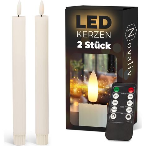Bougies bâton LED avec minuterie blanche, lot de 2, pour l'intérieur, avec minuterie de 6 heures - CIRE VRAIE, nervurées, hauteur de 23 cm, pour