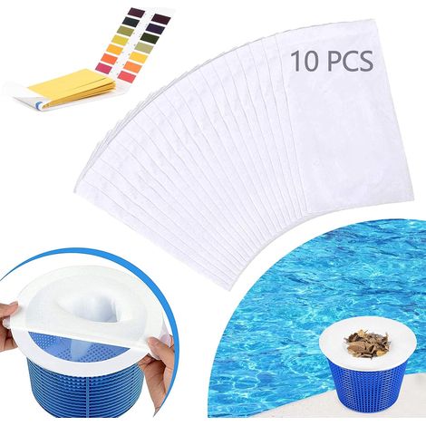10 chaussettes de skimmer, filtration piscine, réutilisables, compatibles piscines enterrées et hors-sol, avec 80 bandelettes pH (1/5)