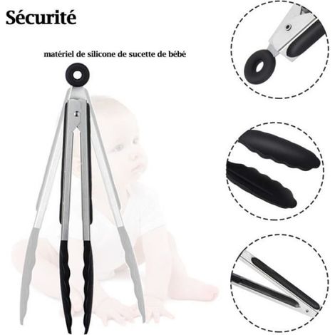 Pince Cuisine,Sans BPA Pince Cuisine en Acier Inoxydable et Silicone Alimentaire,Pince de Cuisine Résistant à la Chaleur-27cm Noir (1/4)