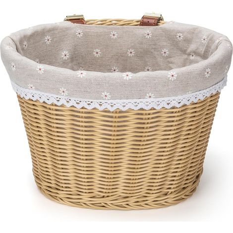 Panier de vélo vintage aspect rotin avec doublure florale et dentelle – Élégant panier de vélo en rotin artificiel avec sangles de fixation en cuir (1/5)