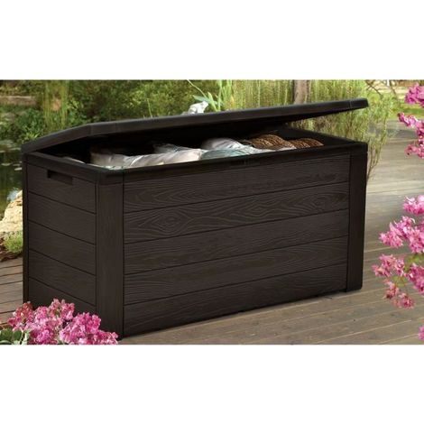 Coffre de jardin en résine 300 L – Marron aspect bois – Dimensions 120 x 46 x 58 cm – Résistant aux intempéries pour stockage extérieur – Tood