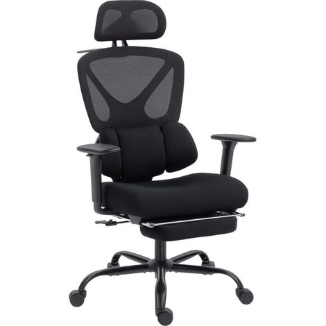 Chaise de bureau ergonomique et respirante avec soutien lombaire dynamique et repose-pieds, 73 x 75 x 120-128 cm, noire (1/5)