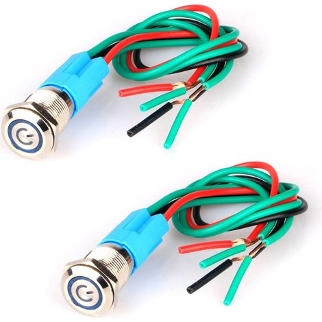 2 Interrupteur à bouton-poussoir, acier inoxydable, LED bleue, verrouillage, 220V-230V, trou 12mm, pour tableau électrique