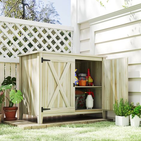 Armario de jardín de madera, mueble de jardín con estantes y puertas dobles, 110 x 60 x 88,5 cm, madera natural.