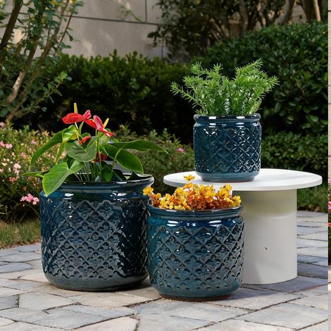 Coffret de 3 jardinières en grès céramique bleu nuit diamètre 38 (1/5)