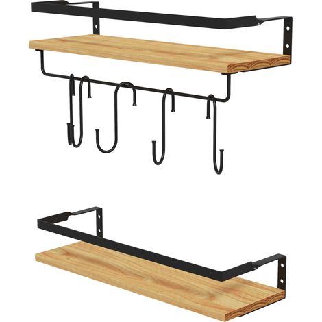 Lot de 2 étagères murales 6 crochets amovibles tringle style industriel cuisine salle de bain bois acier