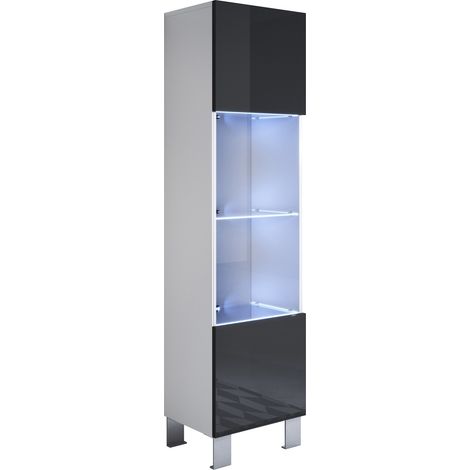 Vitrina con Patas 12cm Armario Mueble de Salón Vitrina de pared LED 1 puerta 40x177x29cm Modelo Luke V6 Blanco y Negro brillo (1/4)