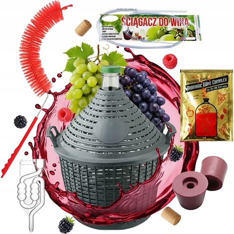 CONJUNTO: Garrafa de 20 litros con cesta, garrafa de vidrio para fermentación y vino.