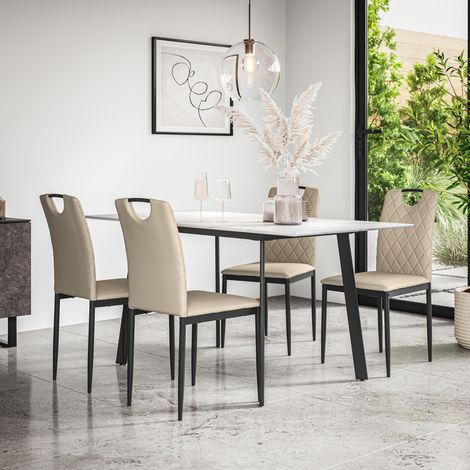 Haydon Extending Dining Table + Chairs- White Marble Effect Table Top w Black Legs + Monza Faux Leather Dining Chair Set Of 4 (Beige) (1/5)