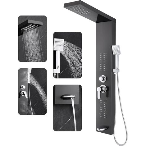 Colonne Panneau de Douche Hydromassante Noir avec Robinetterie Mitigeur pour Baignoire, 4 Modes - Douche de Pluie, Jets de Massage, Douchette et Bec de Baignoire, Acier Inoxydable Montage Mural (1/5)