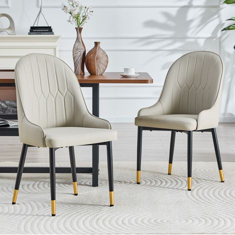 Lote de 2 sillas de comedor de PU gris cálido, respaldo con motivo de rayo, metal negro (1/5)