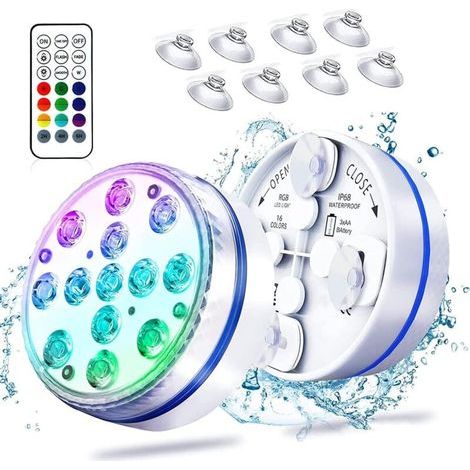 Set mit 2 wasserdichten LED-Unterwasserleuchten für Aufstellpools (IP68), mit Funkfernbedienung (61 m Reichweite), 16 RGB-Farben (1/5)