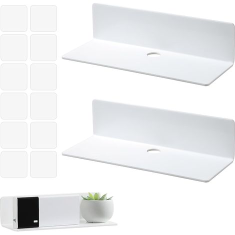 Etagere Murale Blanche Lot de 2, Étagère Flottante Acrylique Mur sans Perçage 23cm Etagere Murale sans Percer en Acrylique etagere sans percage pour Chambre,Salle de Bains, Cuisine, Salon, Bureau (1/5)