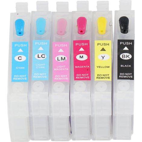 Lot de 6 cartouches d'encre rechargeables compatibles avec puce permanente, 6 couleurs noir cyan magenta jaune cyan clair magenta clair, PP, pour imprimante jet d'encre photo document (1/5)