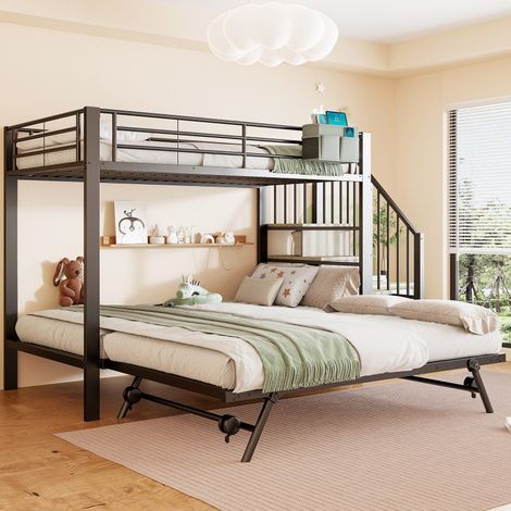 Lit Superposé Métal 90x200/180x200 cm - Extensible, Escaliers avec Rangement & Poche - Lit Enfant Noir Robuste (1/5)