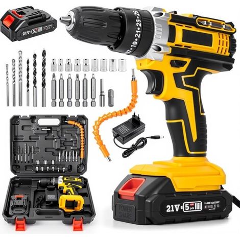 Taladro/atornillador inalámbrico de 21 V, destornillador eléctrico, portabrocas sin llave de 3/8", precarga de 25+1 velocidades, luz de trabajo integrada, destornillador eléctrico (1/5)