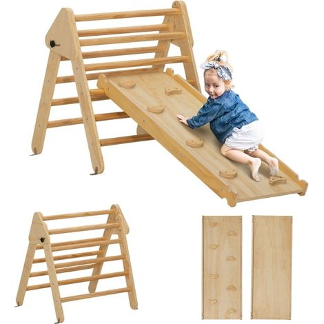 Ensemble d'escalade en bois pour enfants avec échelle triangulaire et rampe double face, adapté aux enfants de 18 à 48 mois