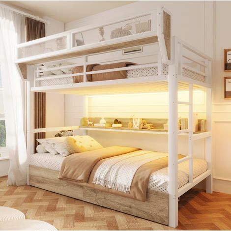 Hochbett modern aus Metall und MDF Weiß 90x200 cm mit Ablagen, 2 Schubladen, Hängekorb und LED (1/5)