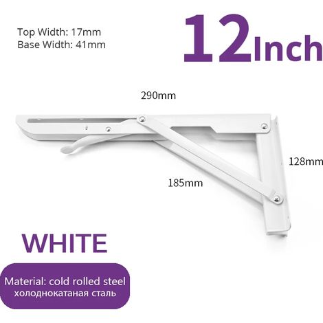 (Blanc 30 cm - Espagne) 2 équerres pliantes en acier inoxydable, blanches et noires, triangulaires, à fixer au mur pour étagère, banc ou table. (1/5)