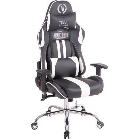 Fauteuil de bureau gamer design sportif fonction de massage chauffant avec coussins en PVC noir / blanc 100002529