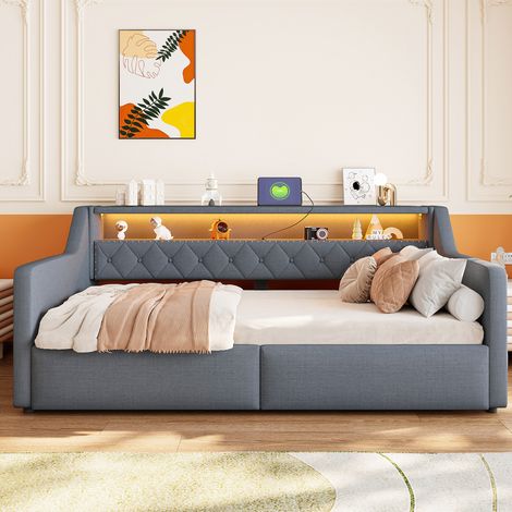 Etagenbett 90/200 cm grau mit hydraulischem Stauraum, LED und USB-/USB-C-Anschlüssen (1/5)