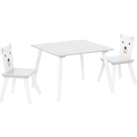 Conjunto de mesa y sillas infantiles 2 plazas motivo animal de MDF con patas de madera de pino sala de juegos blanco Mimili (1/5)