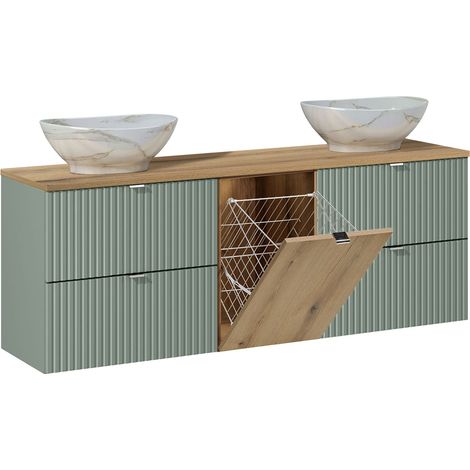 Mueble lavabo doble 160cm Verde Jade y cesta de ropa de madera