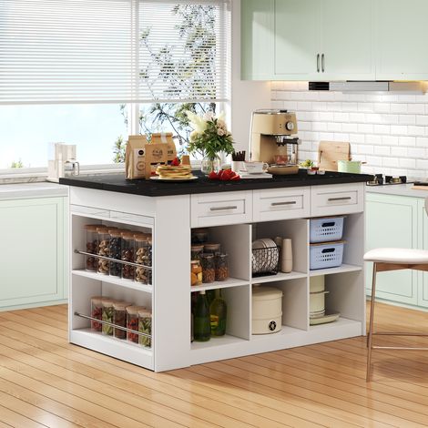 Îlot central de cuisine 150x90x90 cm avec table coulissante 80x96 cm, 6 tiroirs, rangements, plateau effet marbre - Blanc et noir (1/5)