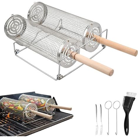 2 x Barbecue Grill 30 cm 29 cm, Round Stainless Steel Barbecue Basket with 2 Removable Wooden Handles, 2 Hooks, 2 Forks, Brush, Brackets, Cooking Baskets for Meat Barbecue Accessories (1/5)